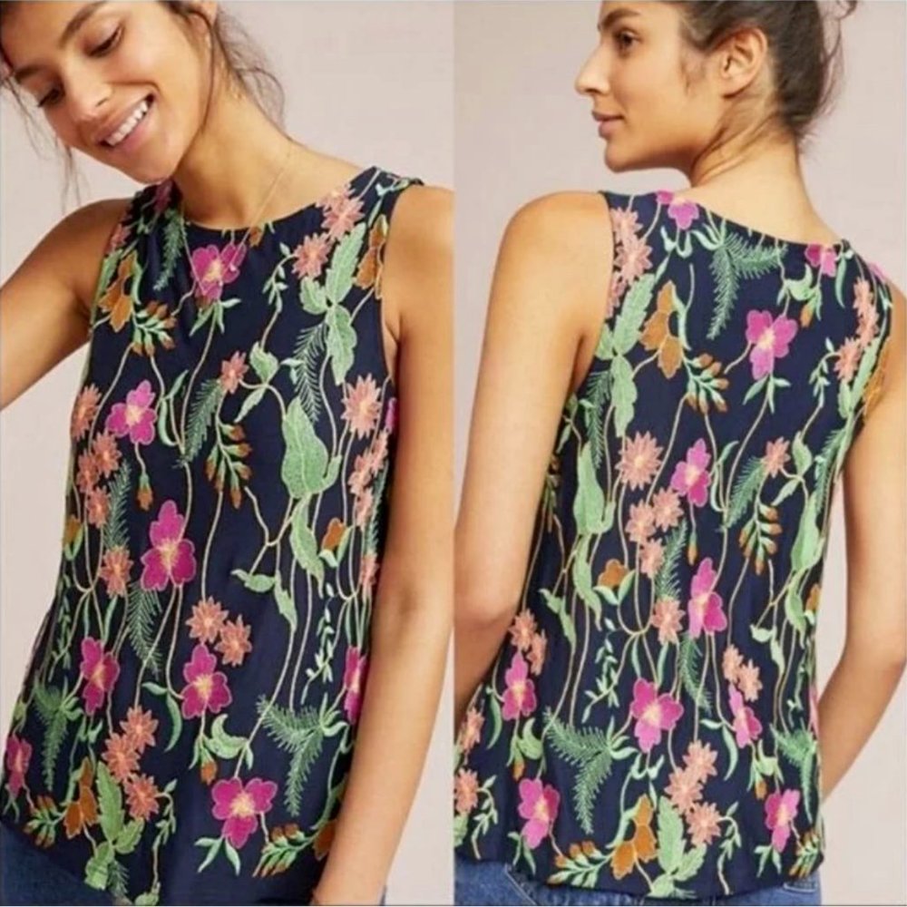 Anthropologie Meadow Rue Cartagena Embroidered Floral Top L
